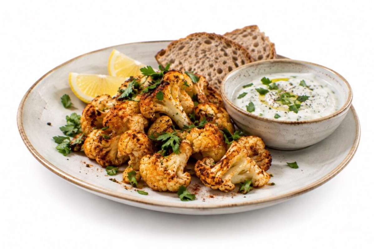Pečený květák s jogurtovým dipem, tahini a bylinkami Pečený květák s jogurtovým dipem, tahini a bylinkami